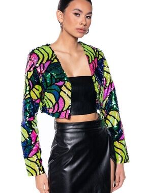 AKIRA Better to Love at Midnight Multicolor Sequin Cropped Blazer Size 1X
